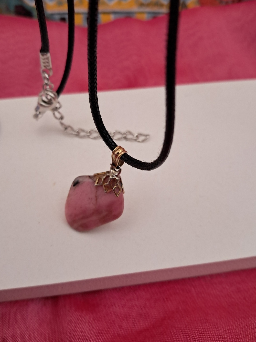 Tumbled Pink Rhodonite & Black Waxed Cord Necklace (Silvertone)